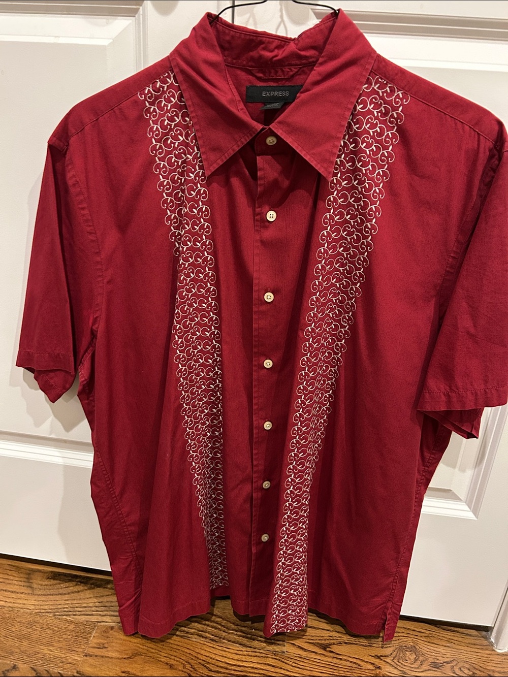 Express Red Short-Sleeve Button-Down Shirt with White Embroidered Stripes